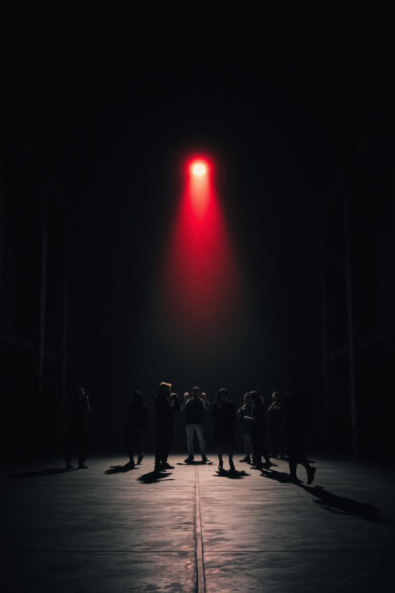 Silhouetted dancers under a single red beam